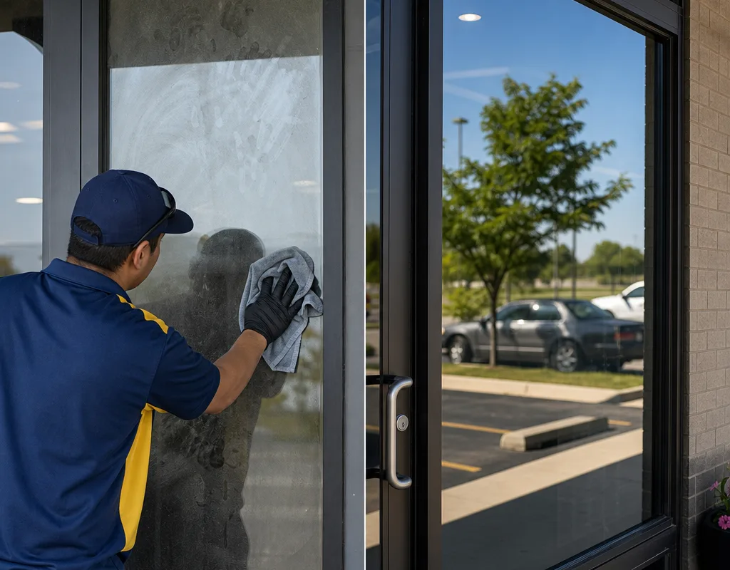 Storefront window before and after cleaning, showing haze removed and clear reflections restored