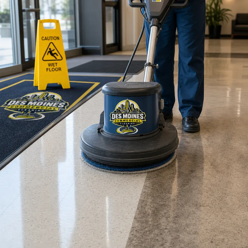Technician using an auto-scrubber on VCT flooring in an office lobby beside entry matting and a wet floor sign